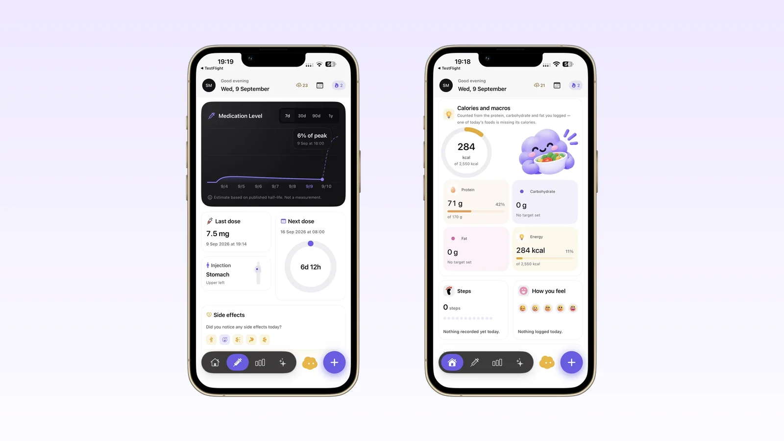 Two Cafeity screens on iPhone: the Cycle View with an estimated medication level labelled estimate based on published half-life, not a measurement, and a side-effect check-in; and the calories and macros screen with protein against target.
