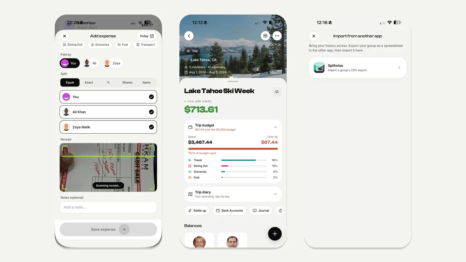 Three EconoGlance screens: scanning a receipt while adding an expense, a trip group with a budget tracker, and the import screen for Splitwise data