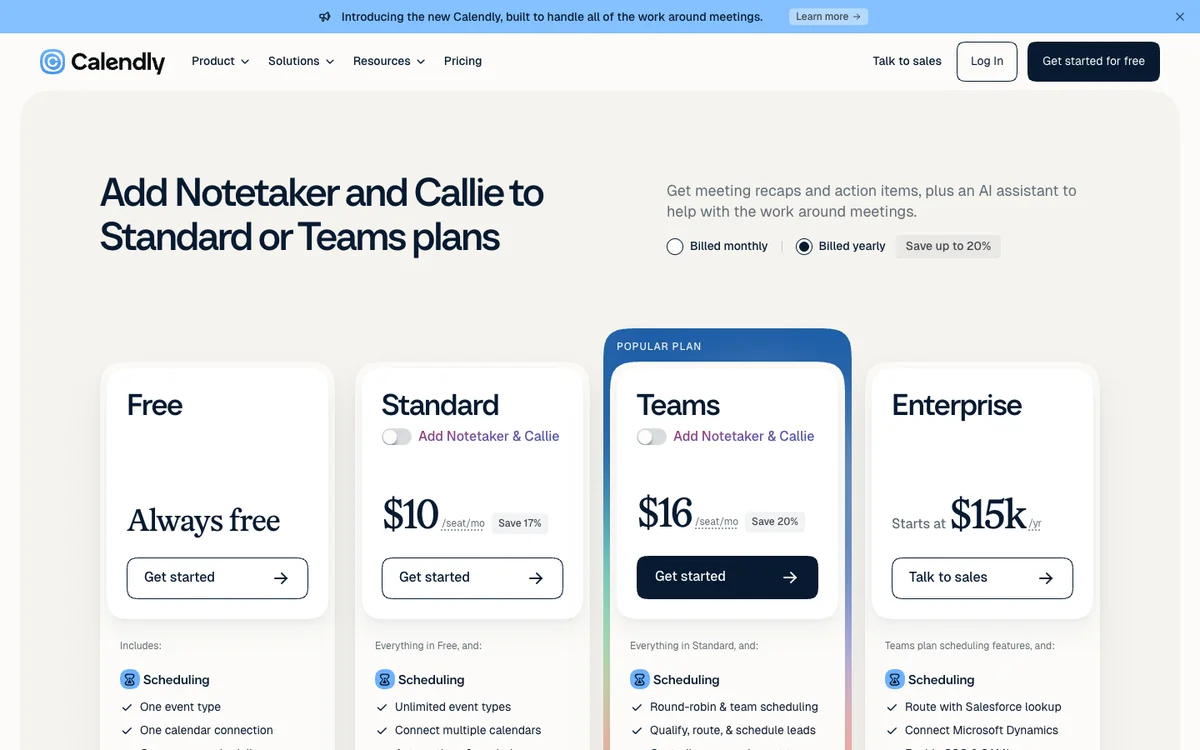 Calendly pricing page showing Free, Standard at $10, Teams at $16 and Enterprise from $15k a year