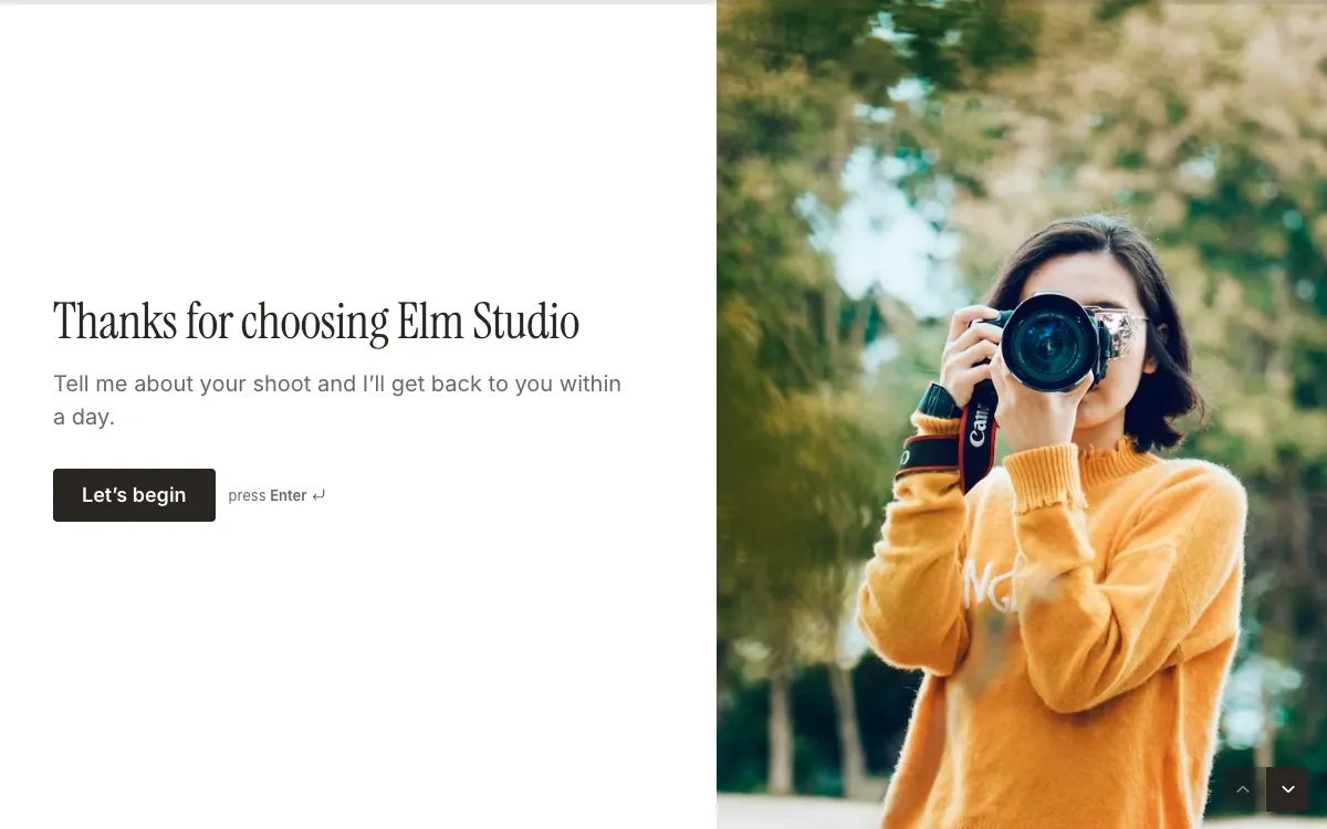 Photography booking: a screen from the Forms photography booking template