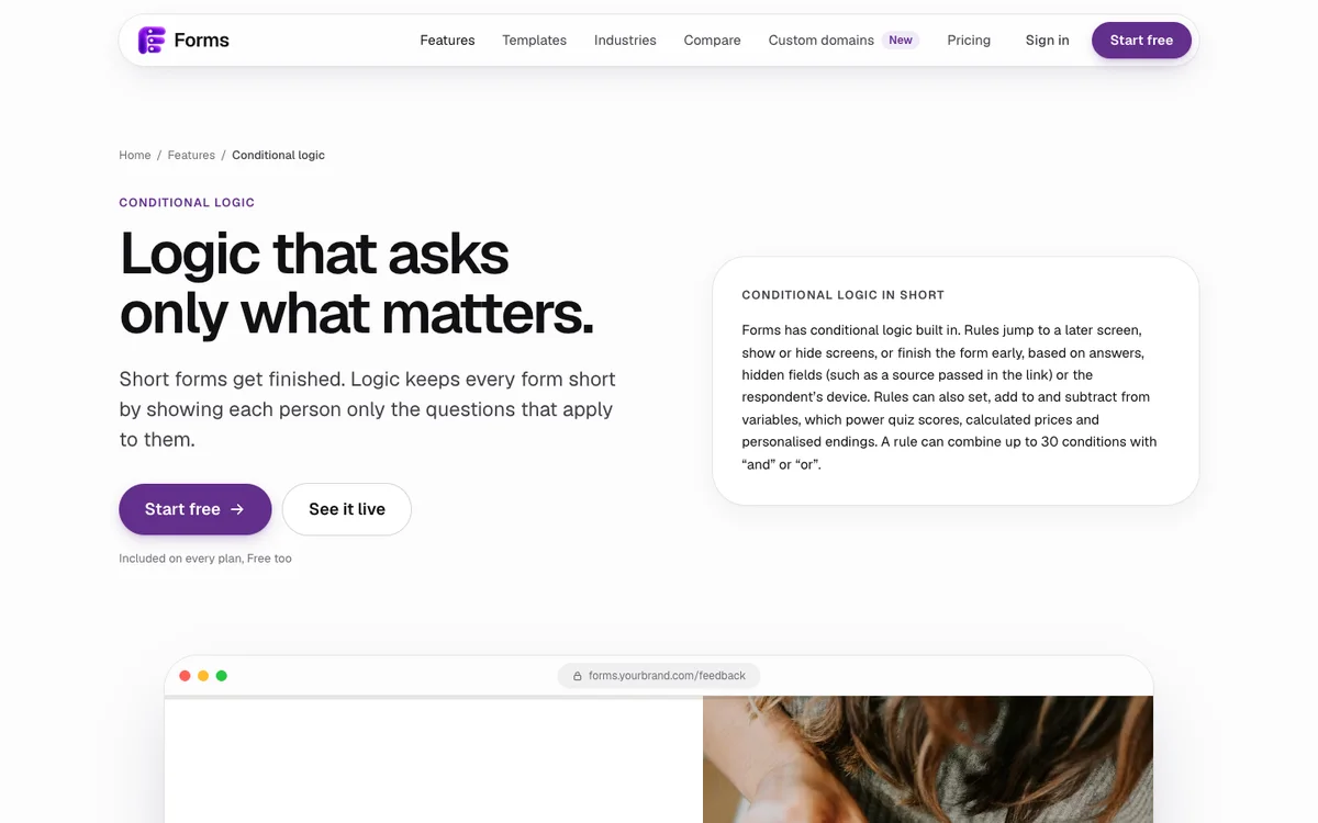 Forms conditional logic page: logic that asks only what matters