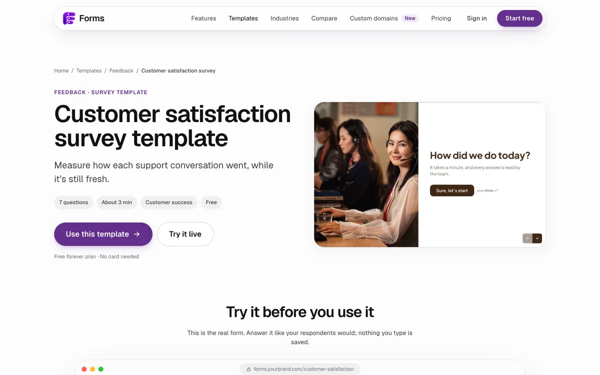 Forms customer satisfaction survey template page