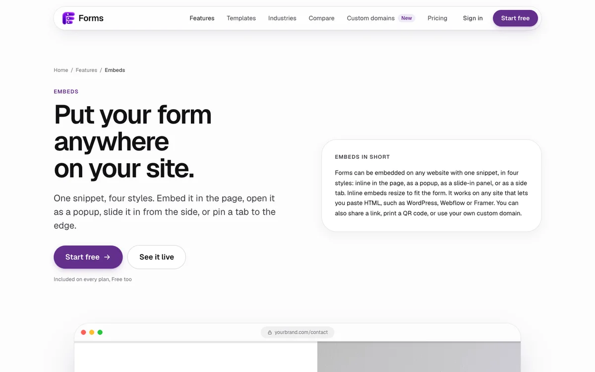 Forms embeds page: put your form anywhere on your site, one snippet, four styles