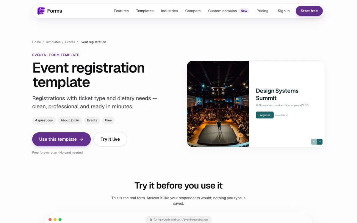 Forms event registration template page with Use this template and Try it live buttons