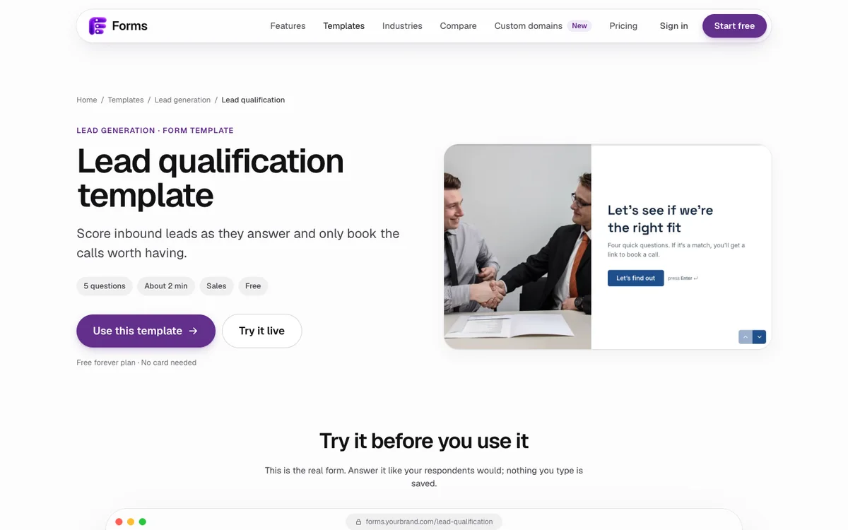 The Forms lead qualification template page: score inbound leads as they answer and only book the calls worth having