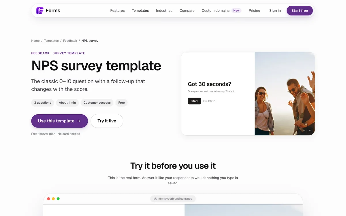 Forms NPS survey template page: the classic 0 to 10 question with a follow-up that changes with the score