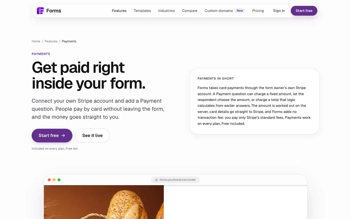 Forms payments feature page: Get paid right inside your form