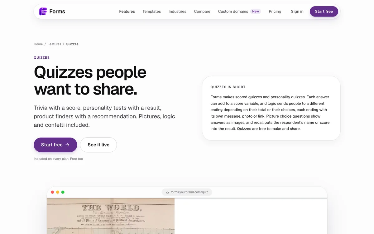 Forms quizzes page: quizzes people want to share, with scores, results and picture answers