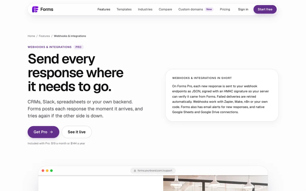 Forms webhooks and integrations page: send every response where it needs to go