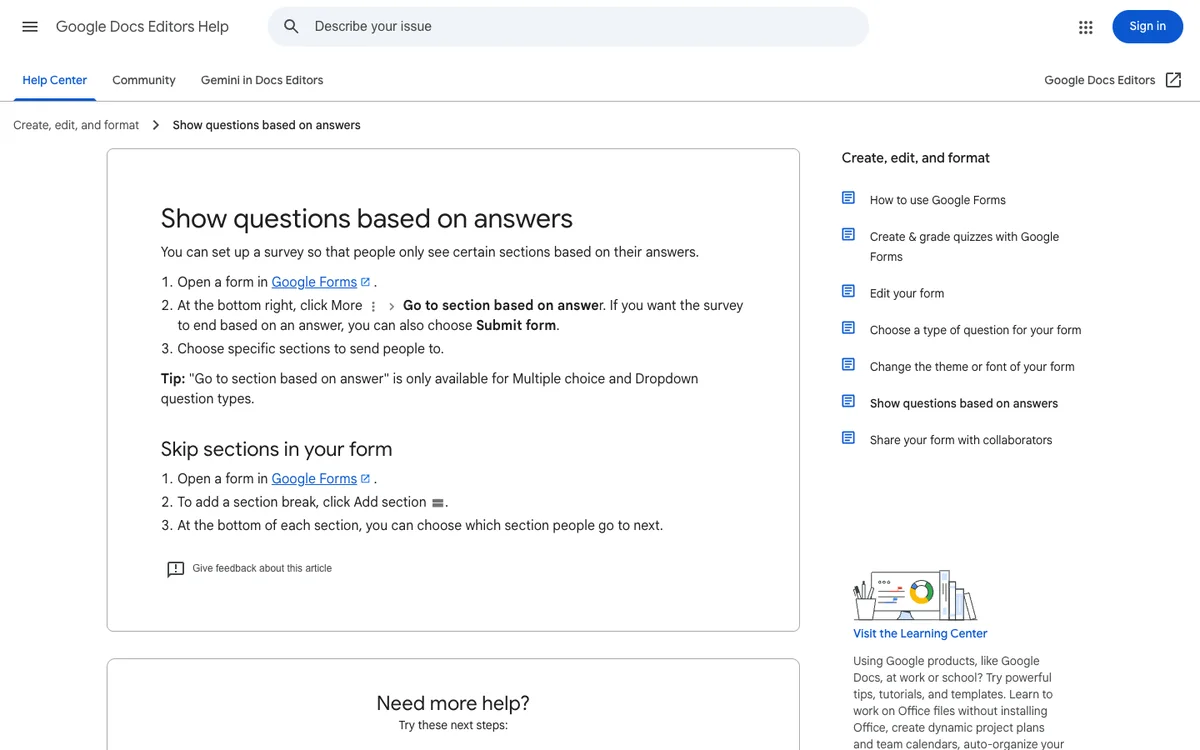 Google Docs Editors Help: Show questions based on answers