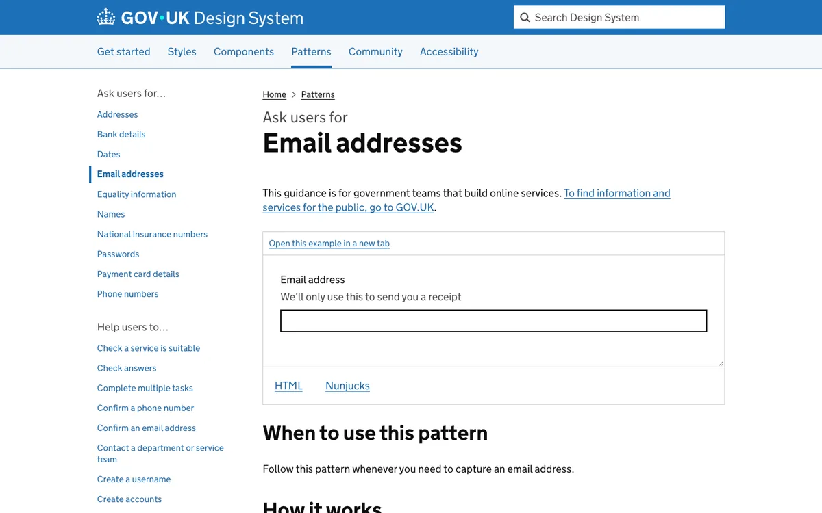 GOV.UK Design System pattern: Ask users for email addresses, with an example field and hint We'll only use this to send you a receipt
