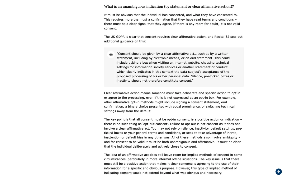 ICO guidance: what is valid consent, including that pre-ticked boxes are not consent