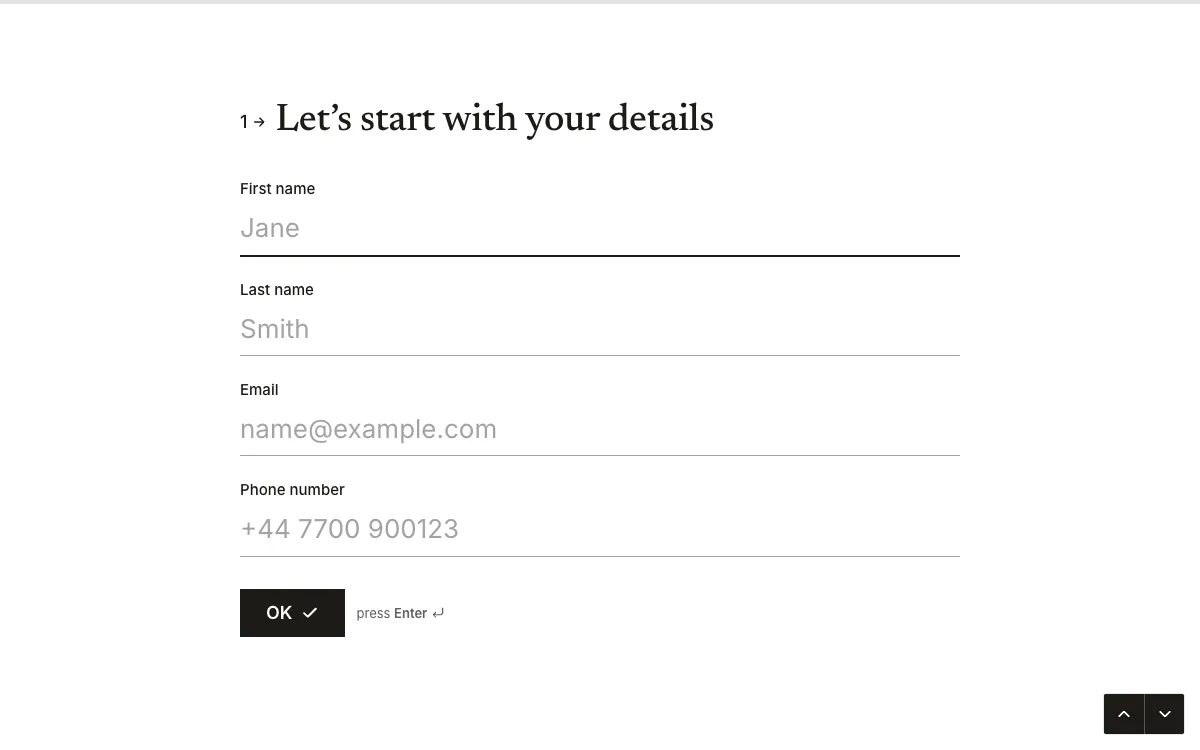 The first question of the job application template: first name, last name, email and phone number