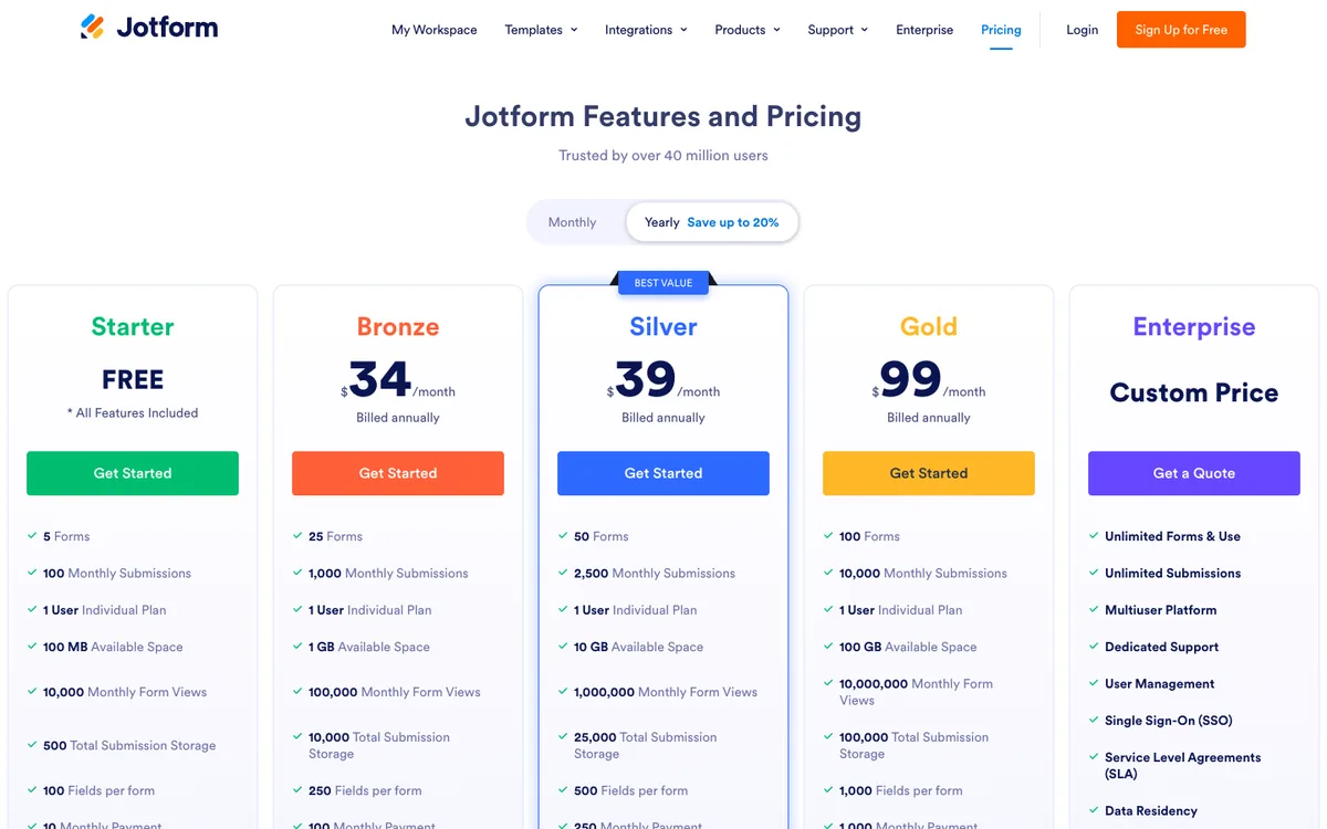 Jotform pricing page showing the Starter, Bronze, Silver, Gold and Enterprise plans