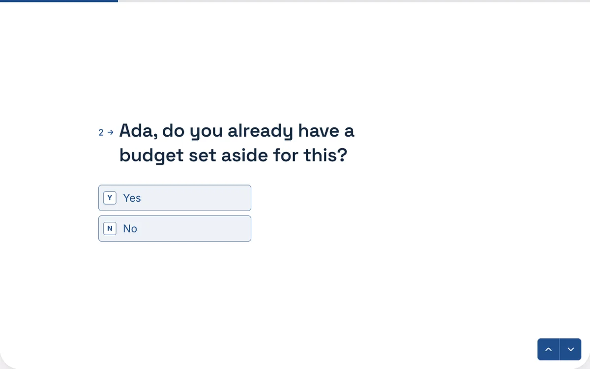 The live lead qualification form asking: Ada, do you already have a budget set aside for this? with Yes and No buttons