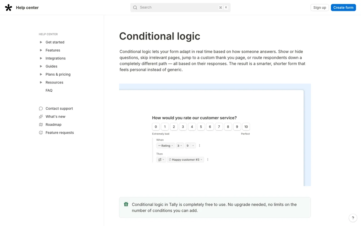 Tally Help Center: Conditional logic is completely free to use