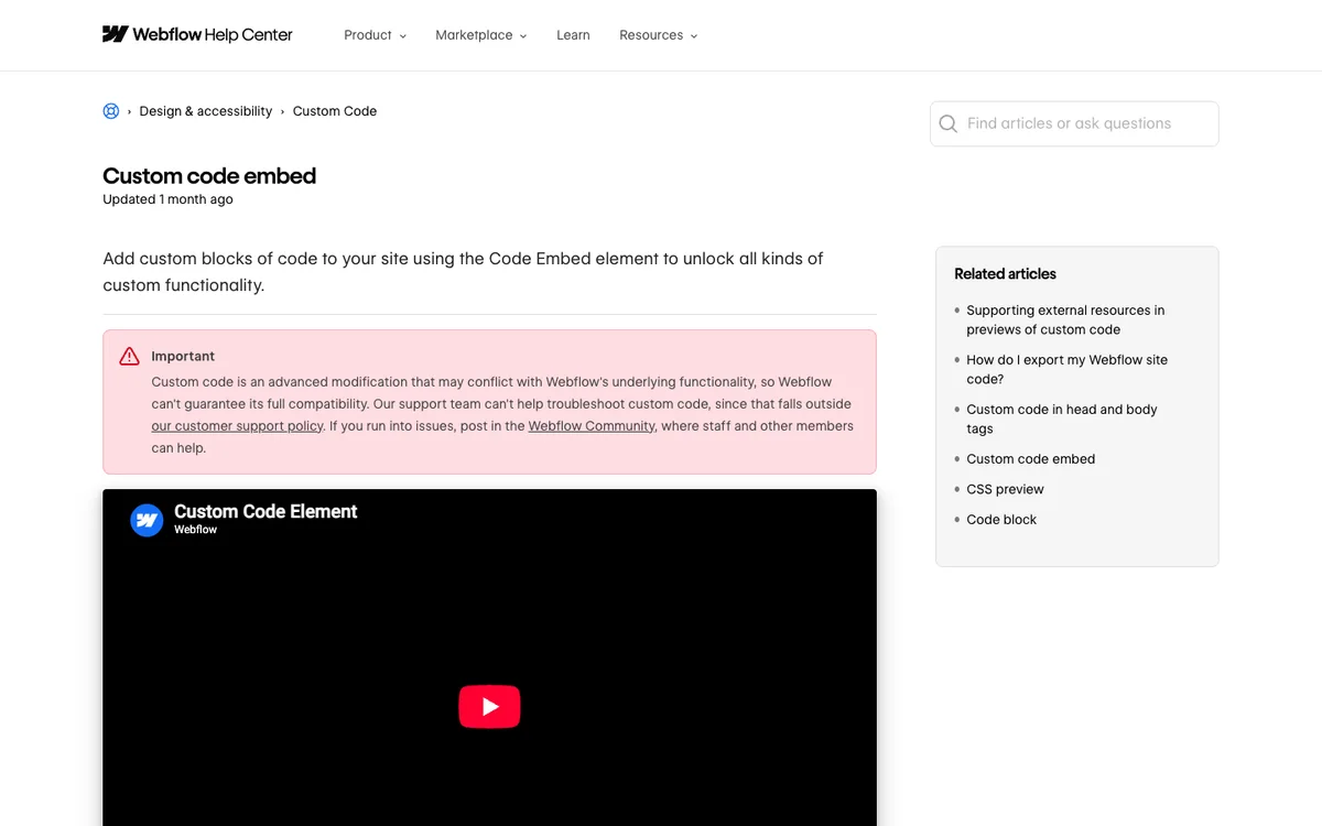 Webflow Help Center article: Custom code embed