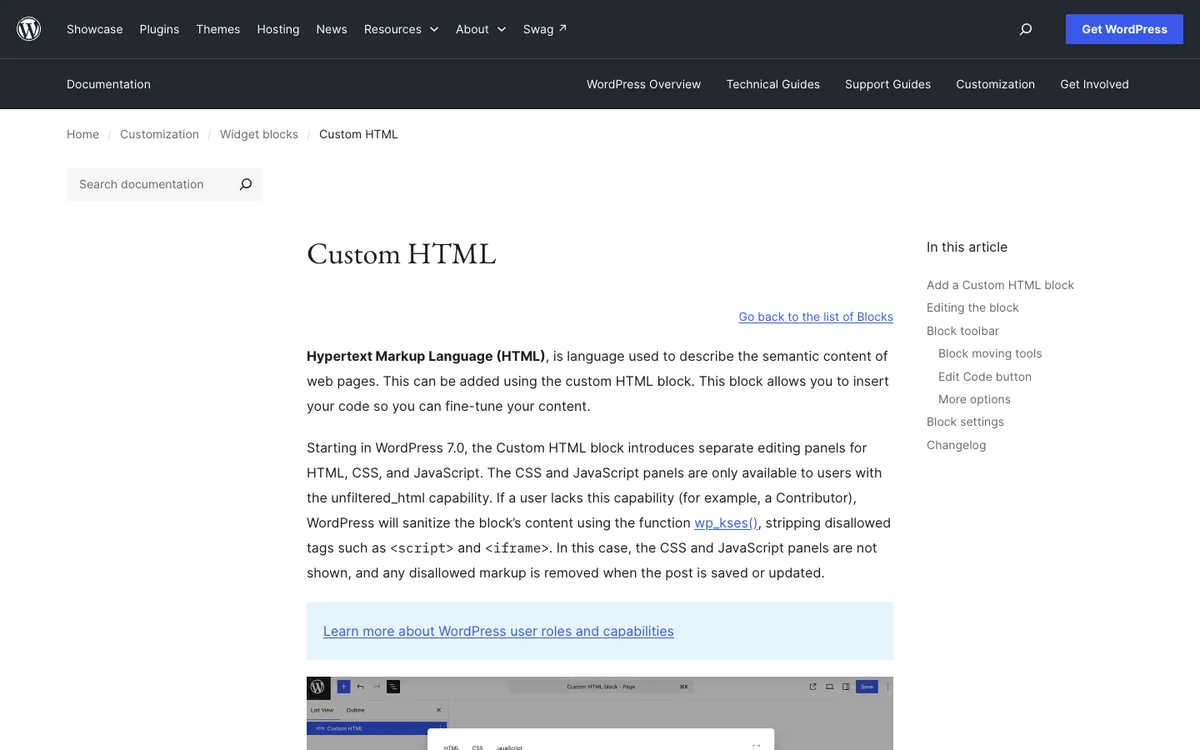 WordPress.org documentation: Custom HTML block
