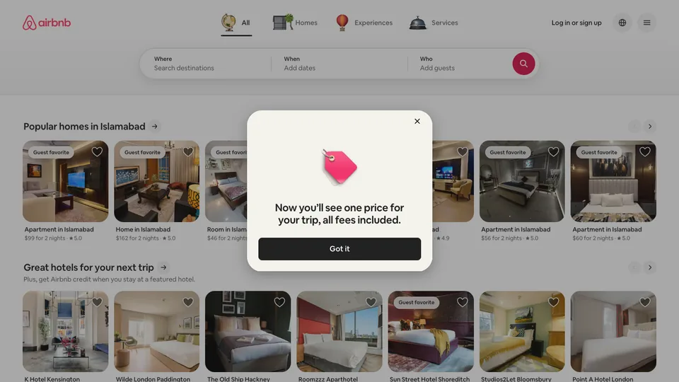 Airbnb website homepage
