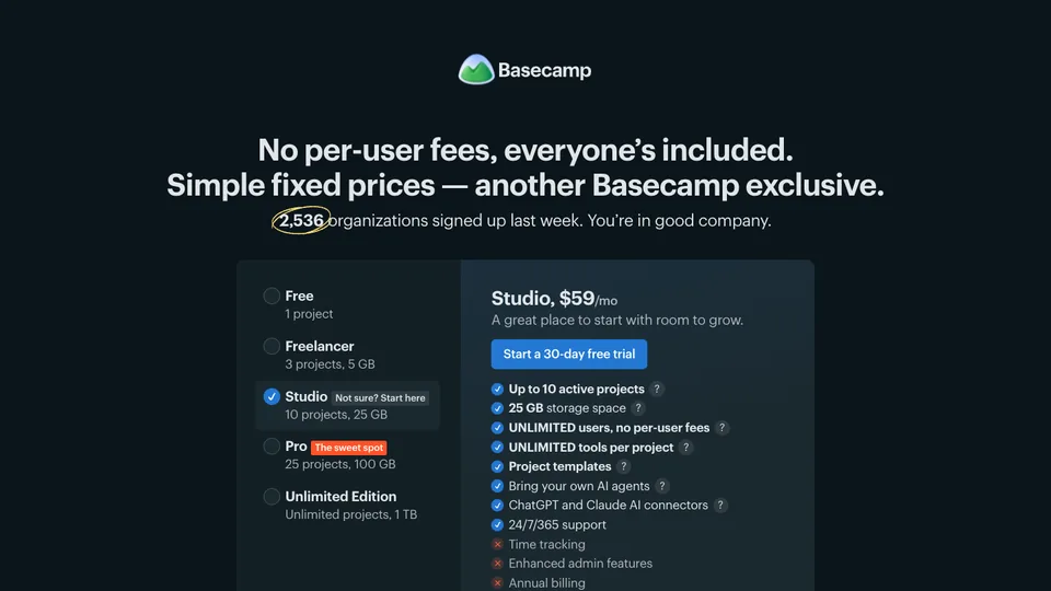 Basecamp website homepage