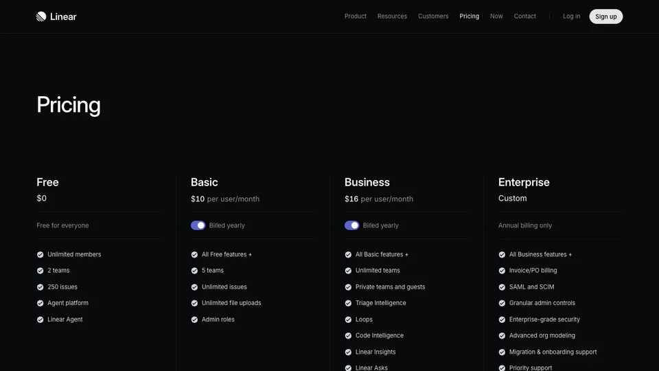 Linear website homepage