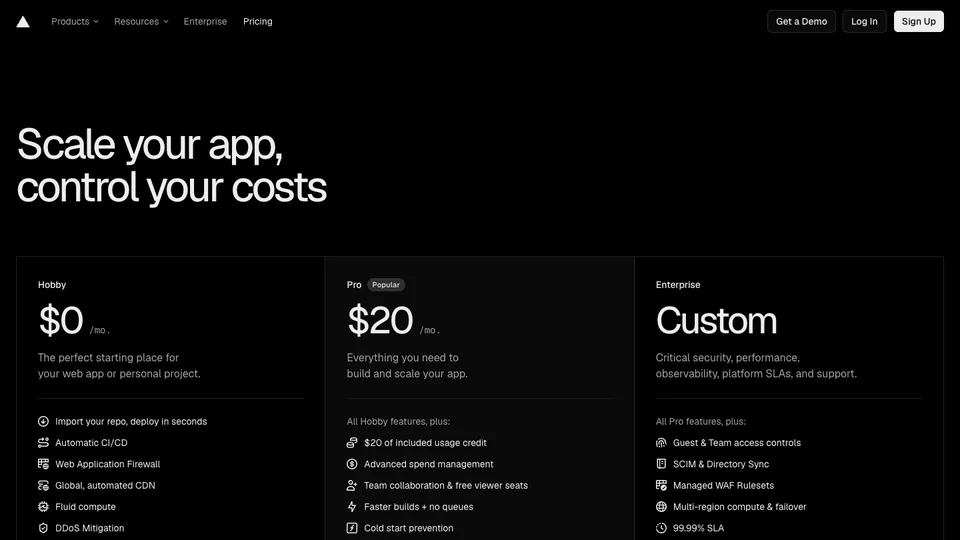 Vercel website homepage