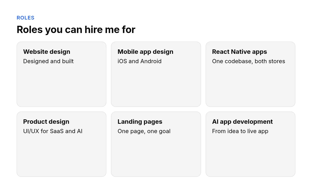 Grid of six roles you can hire for: website design, mobile app design, React Native app development, product design, landing page design and AI app development.
