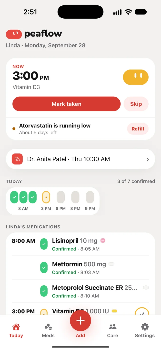 peaflow Today screen with the next dose due, today's confirmed doses and the medication list