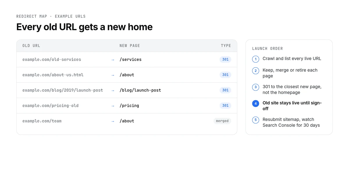 Redirect map from old URLs to new pages during a website redesign, with the launch order ending in sign-off before the old site goes offline
